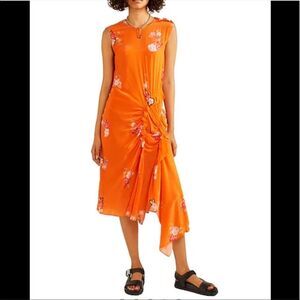 PREEN LINE | Antoinette Orange Floral Midi Dress Crepe De Chine Women’s Large